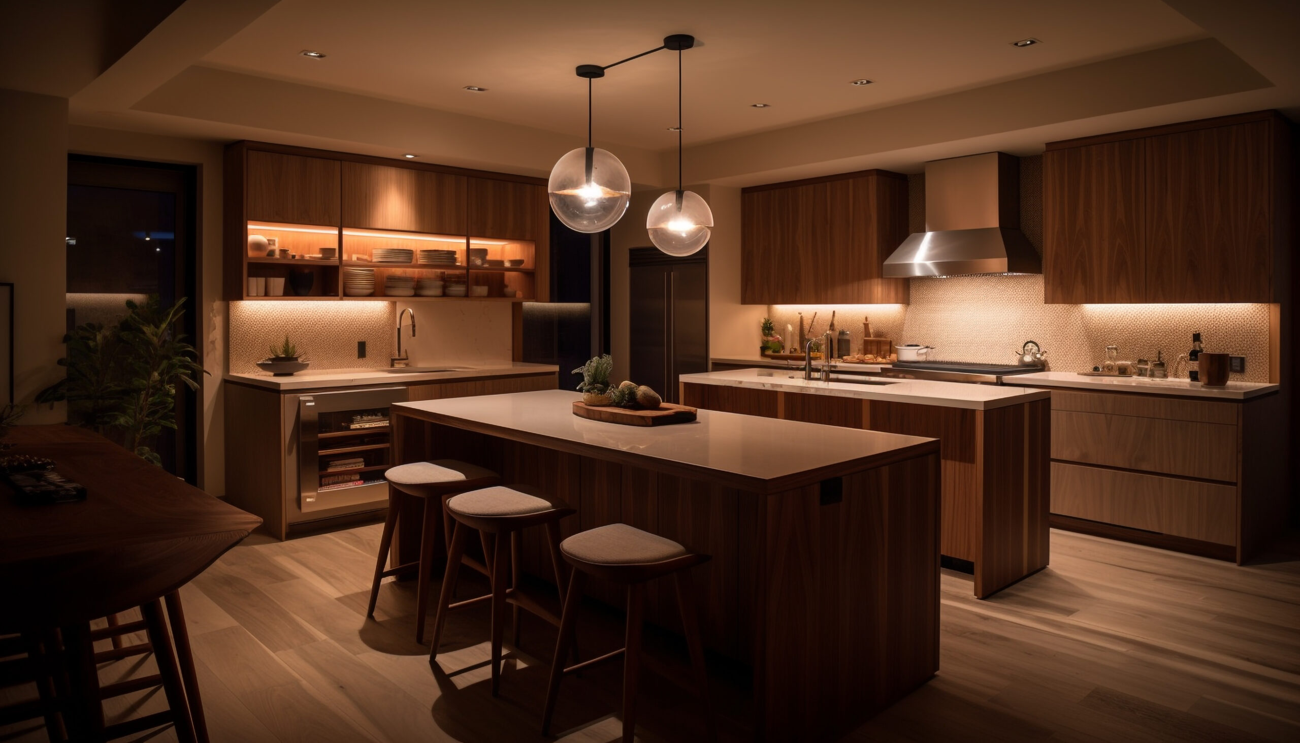 Modern kitchen lighting design with warm pendant lights and ambient illumination
