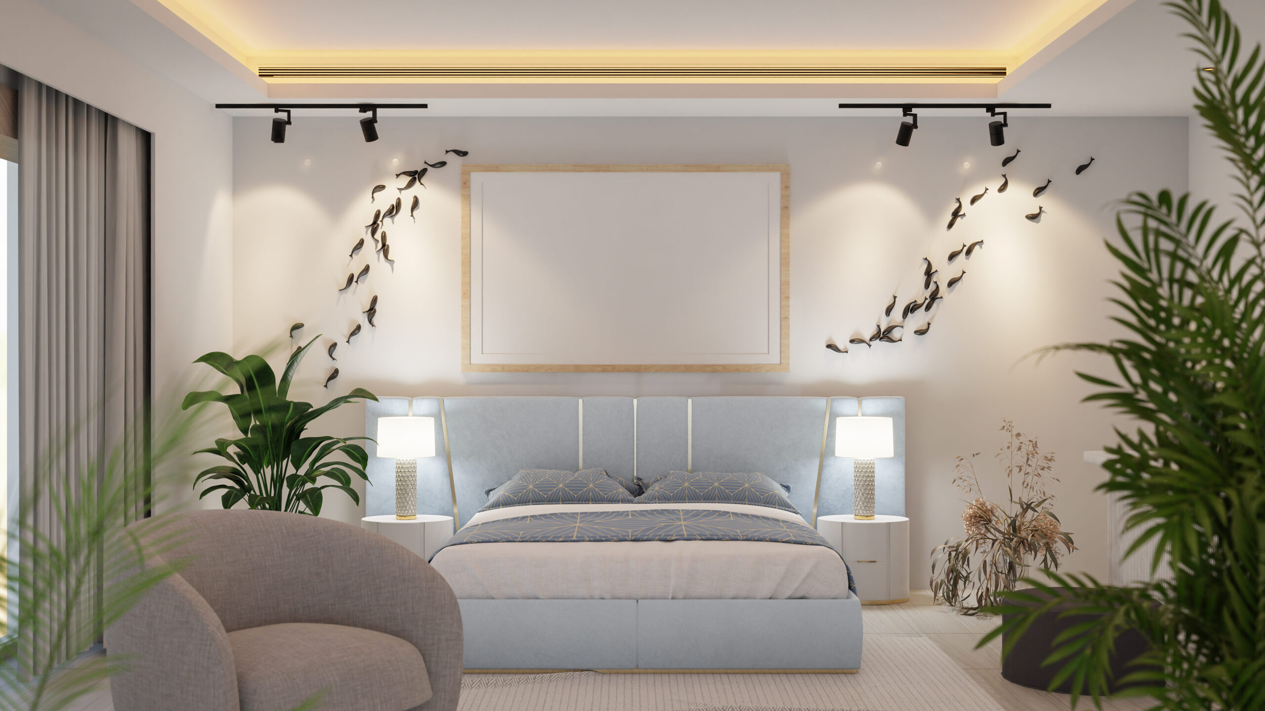 Modern bedroom wall design with lighting, plants, and decorative wall art
