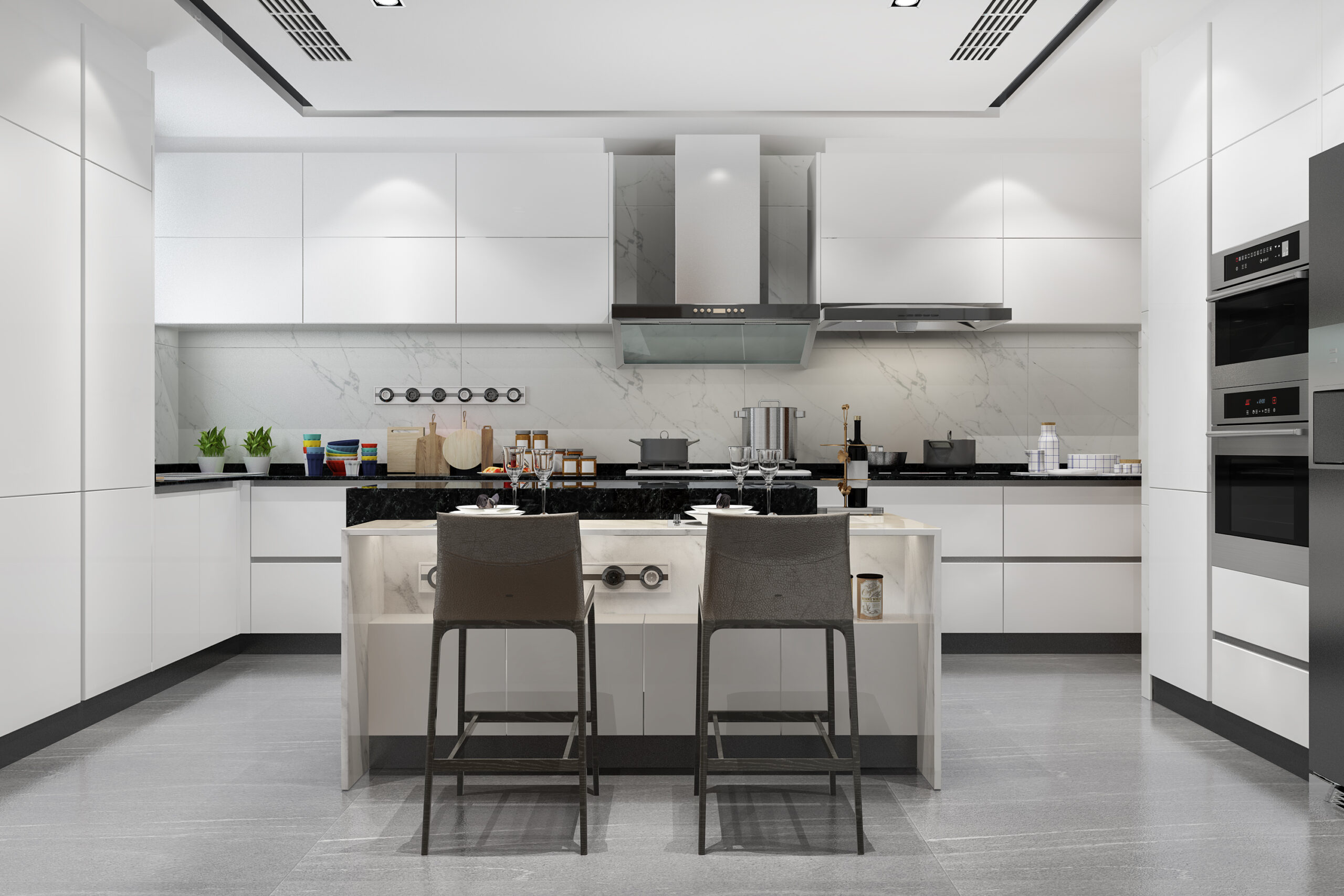 Modern modular kitchen with island counter and sleek white cabinets
